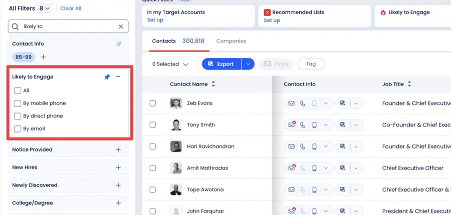 contact info filters zoominfo