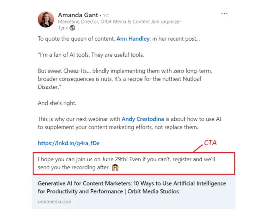 CTA in post example