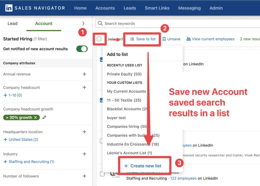 save new results in account list sales navigator