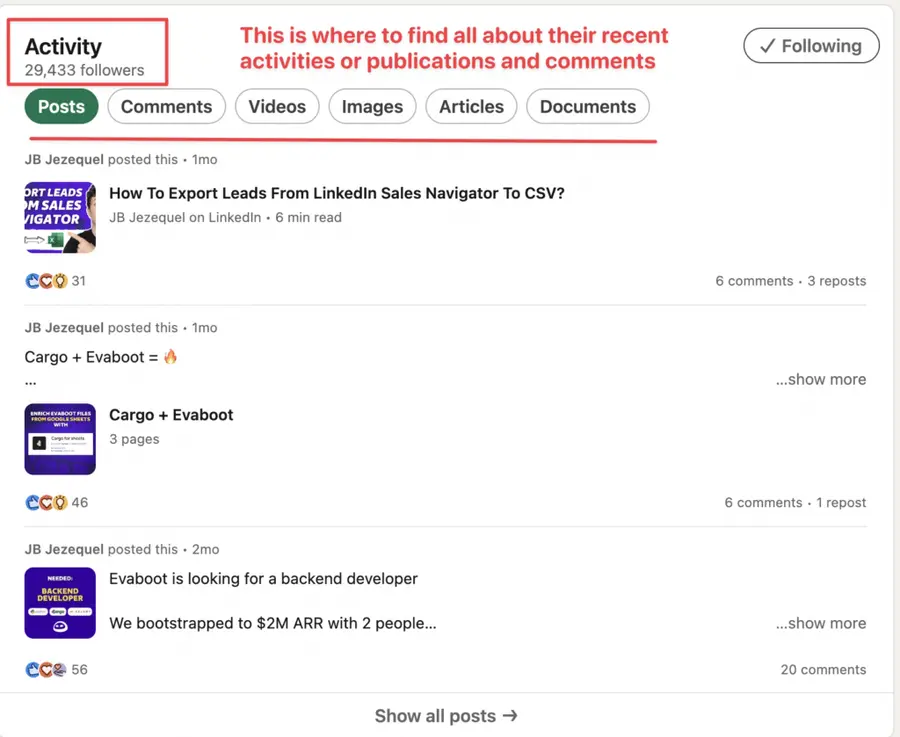 find profile activities on linkedin including social media posts, comments or interactions of your linkedin