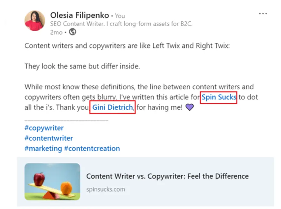 Mentioning connections example post