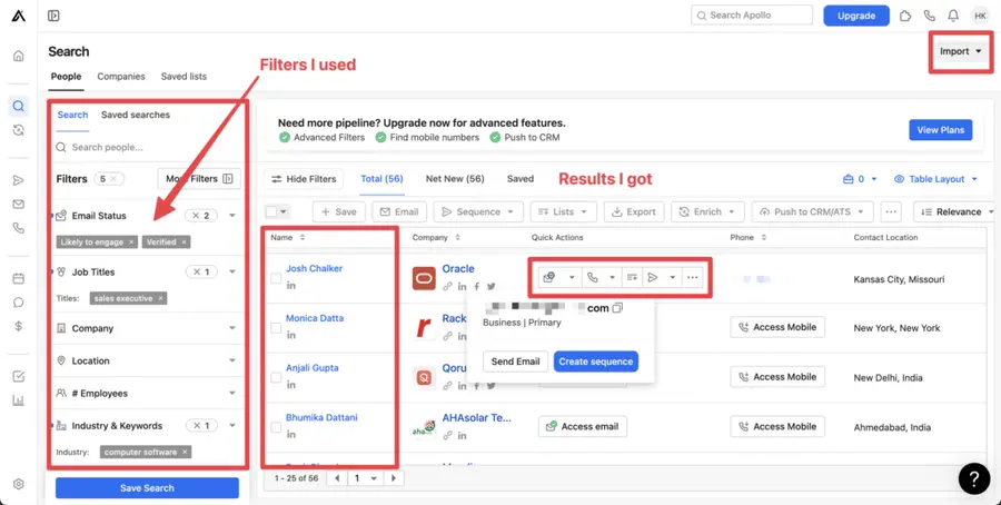 apollo.io search results contact details and data 