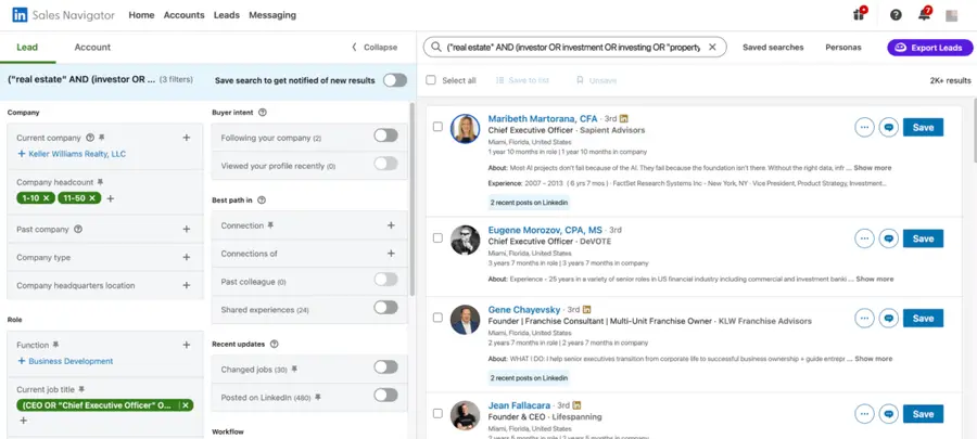 sales navigator search filters