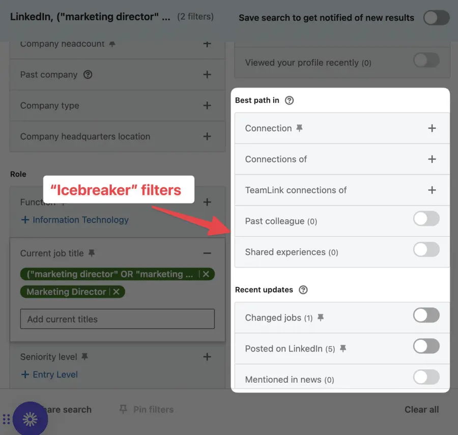 icebreaker filters to use on linkedin sales navigator