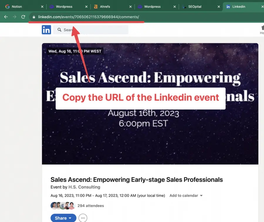 copy the url linkedin event