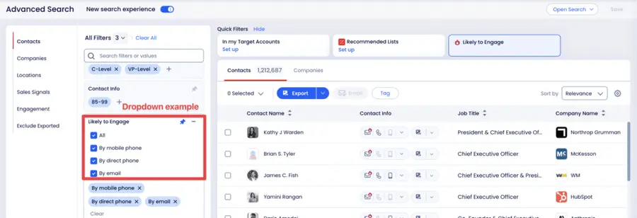 zoominfo advanced search filters likely to engage