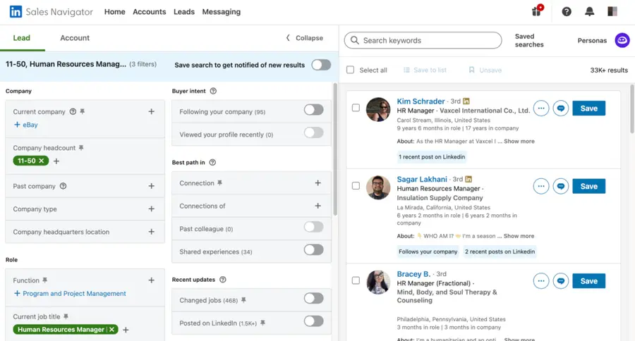 hr managers sales navigator