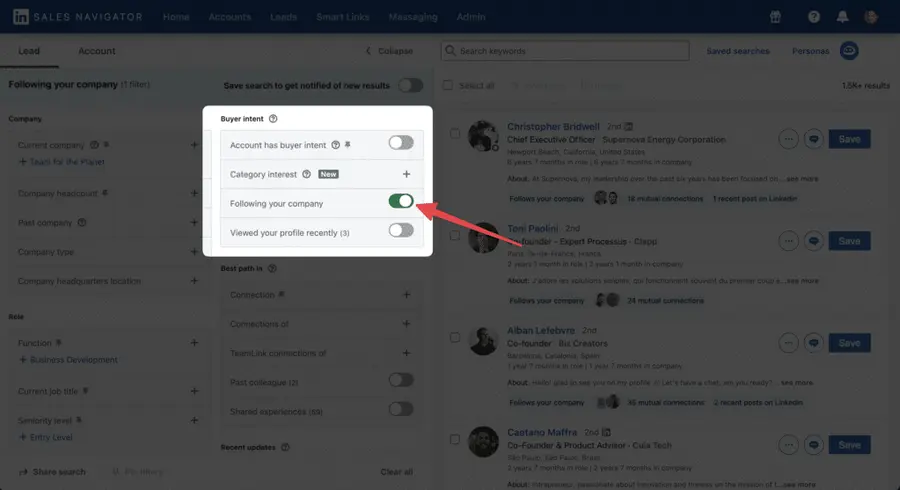 following your company filter on linkedin sales navigator