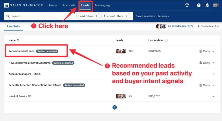 sales navigator recommended leads