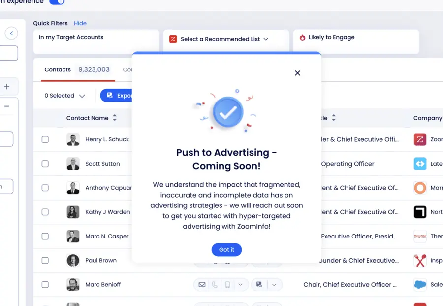 zoominfo advertizing feature cooming soon