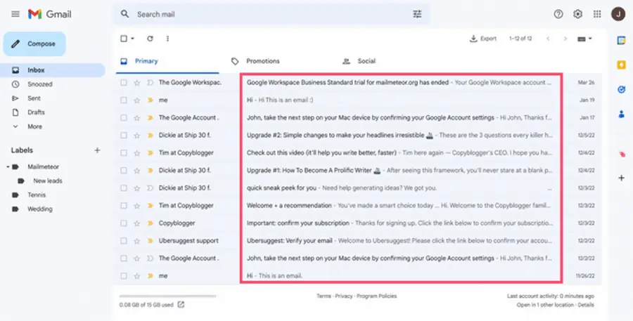 Gmail inbox showing various emails, including Google Workspace notifications, newsletters, and personal messages.