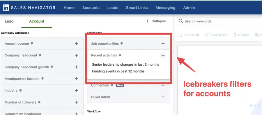 saved account search sales navigator icebreaker