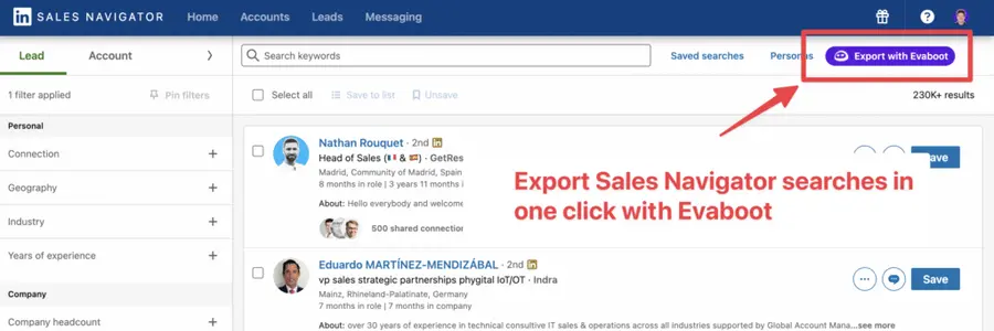 esportare le ricerche del Sales Navigator di Linkedin