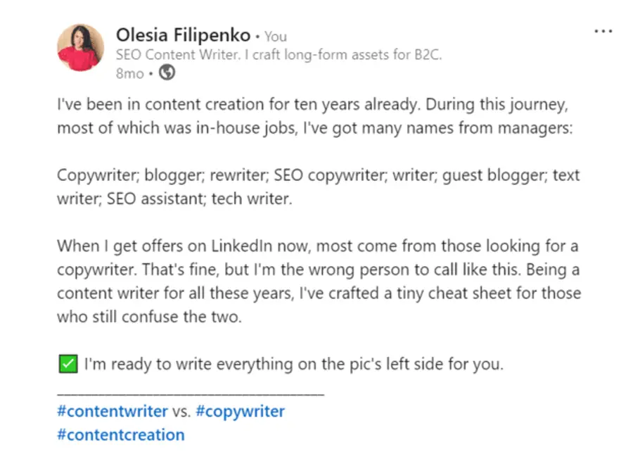 Screenshot of Oleasia's LinkedIn post