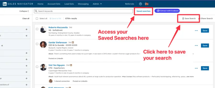 sales navigator saved search to find new candidates
