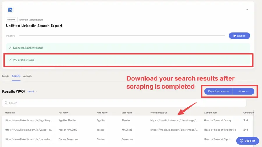 scarica i risultati della ricerca linkedin