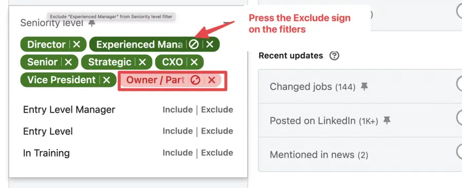 comment exclure un filtre sur sales navigator