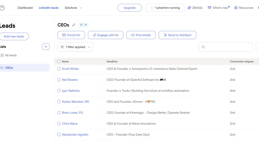 phantombuster linkedin search export results