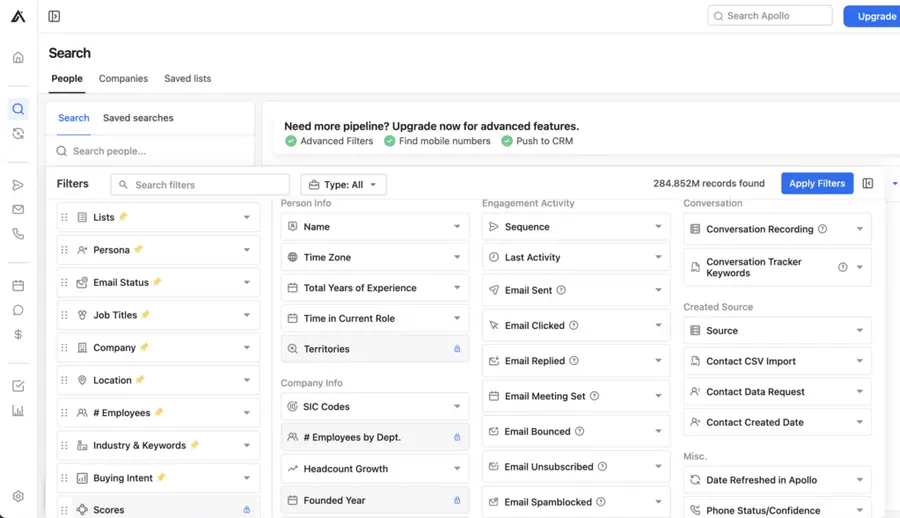 apollo.io prospect search criteria list 