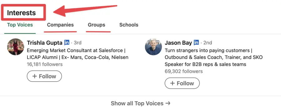 check common interests and groups that your prospect follows for cold outreach 