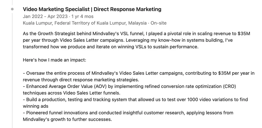 Achivements in experience section