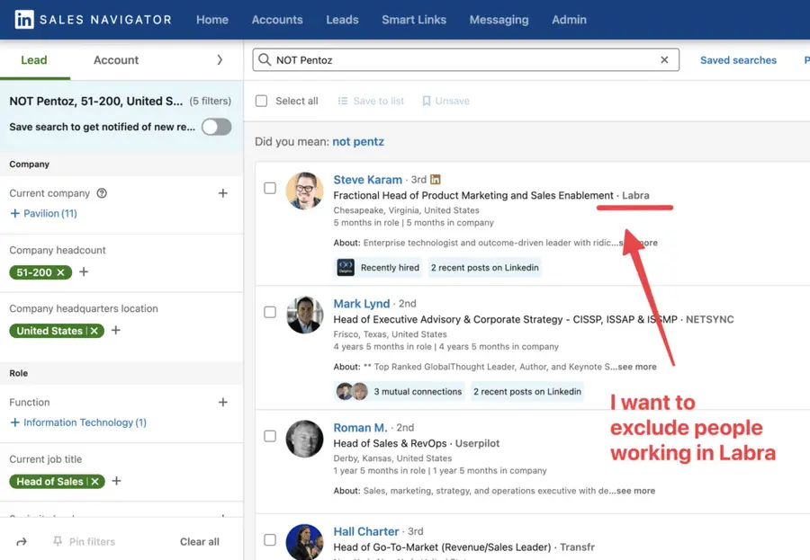 exclude company lead search sales navigator