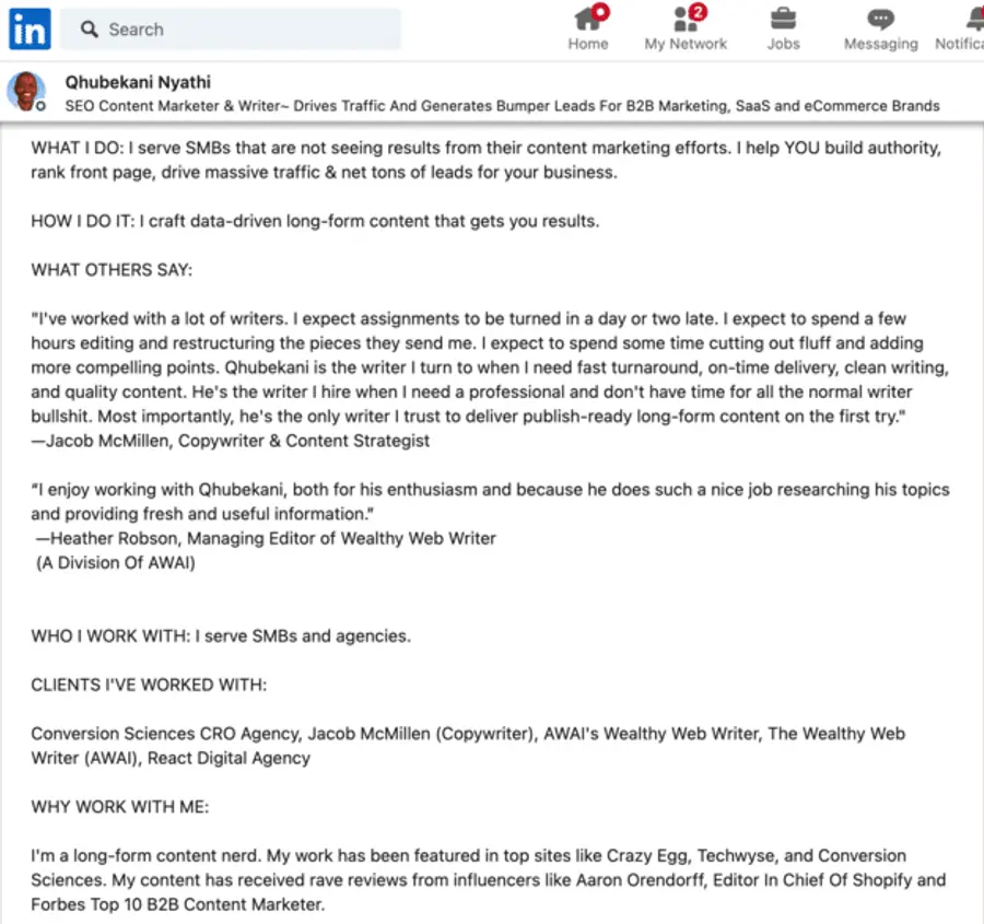 LinkedIn summary example who,what,why
