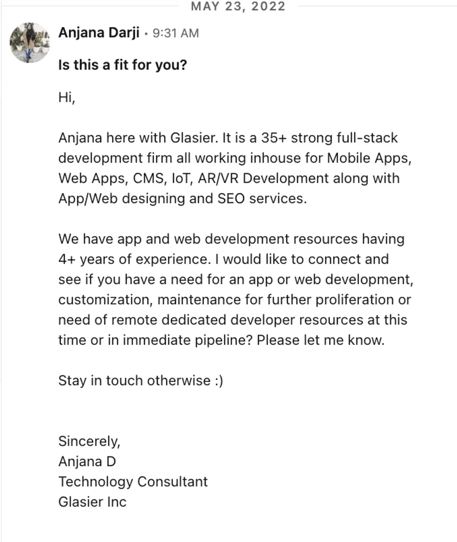 hyper-personalized linkedin cold message bad example