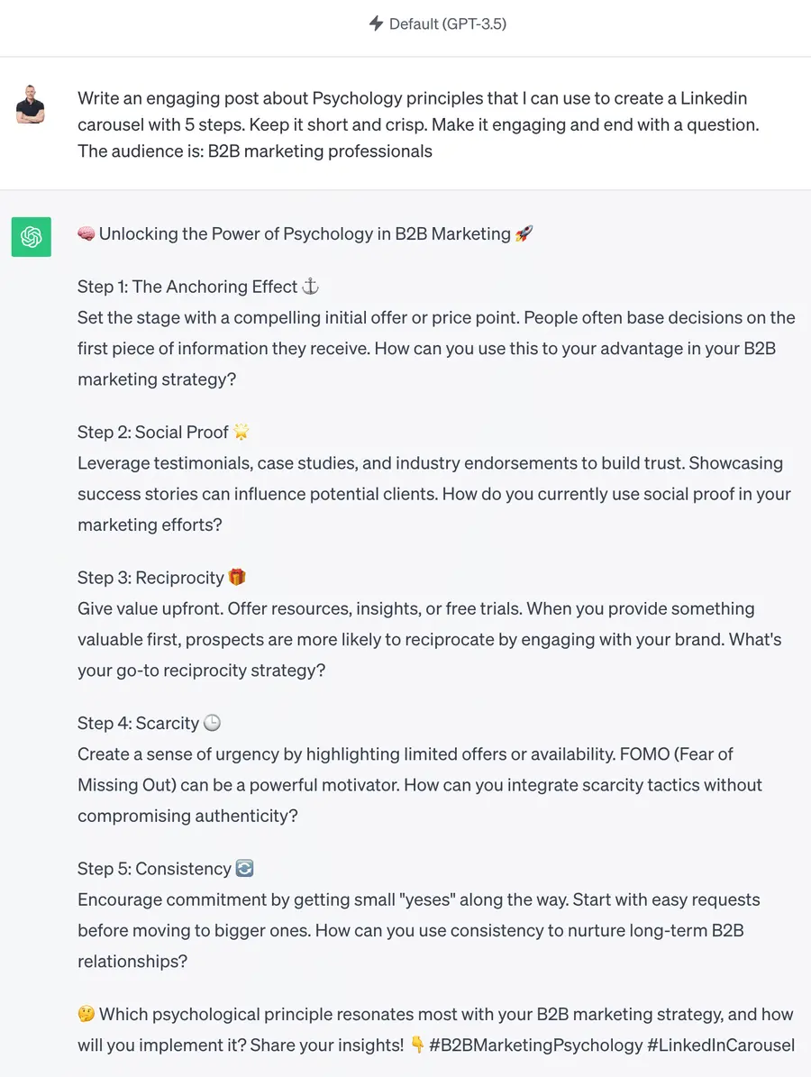 ChatGPT sample prompt to generate LinkedIn post