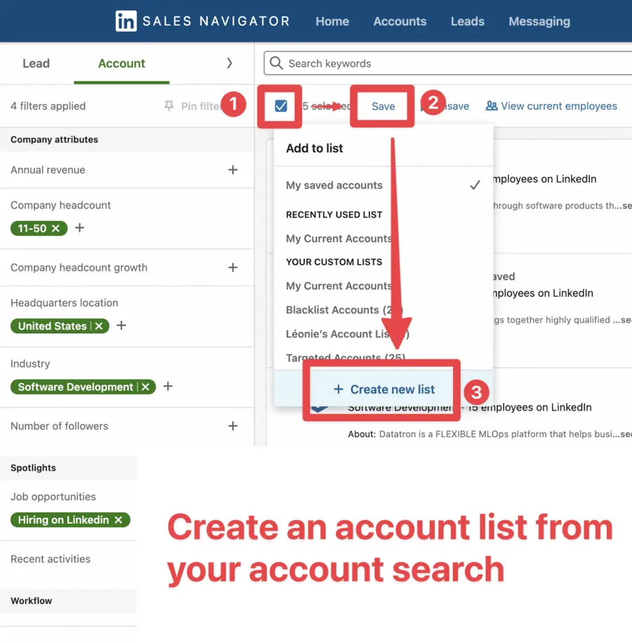 create account list from search sales navigator