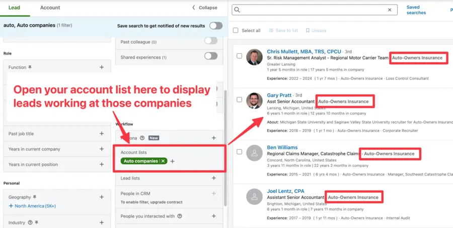 filter sales navigator leads by company name keywords