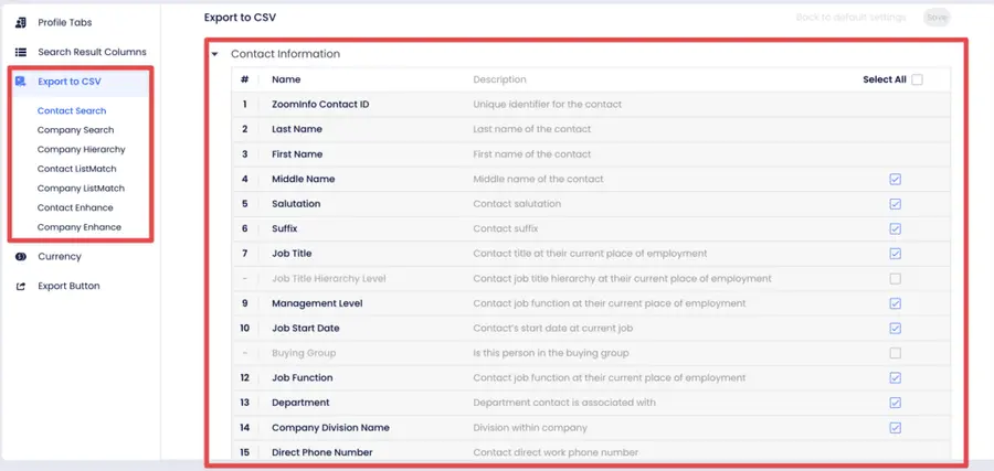 zoominfo export default settings