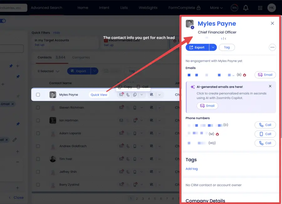 contact data of each lead zoominfo