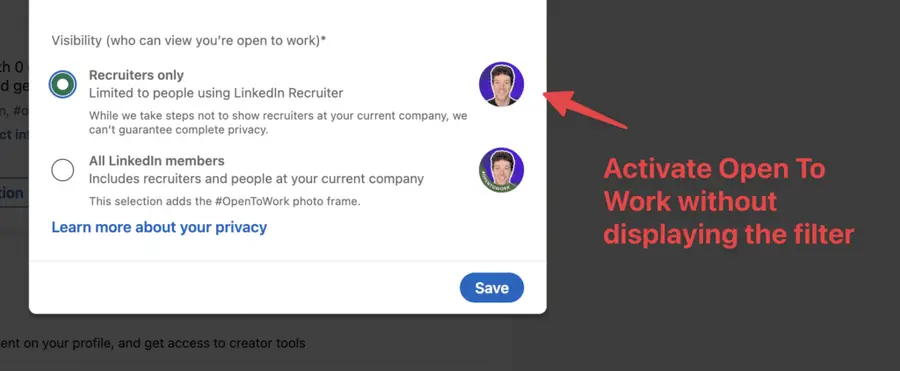 open to work without green sign display