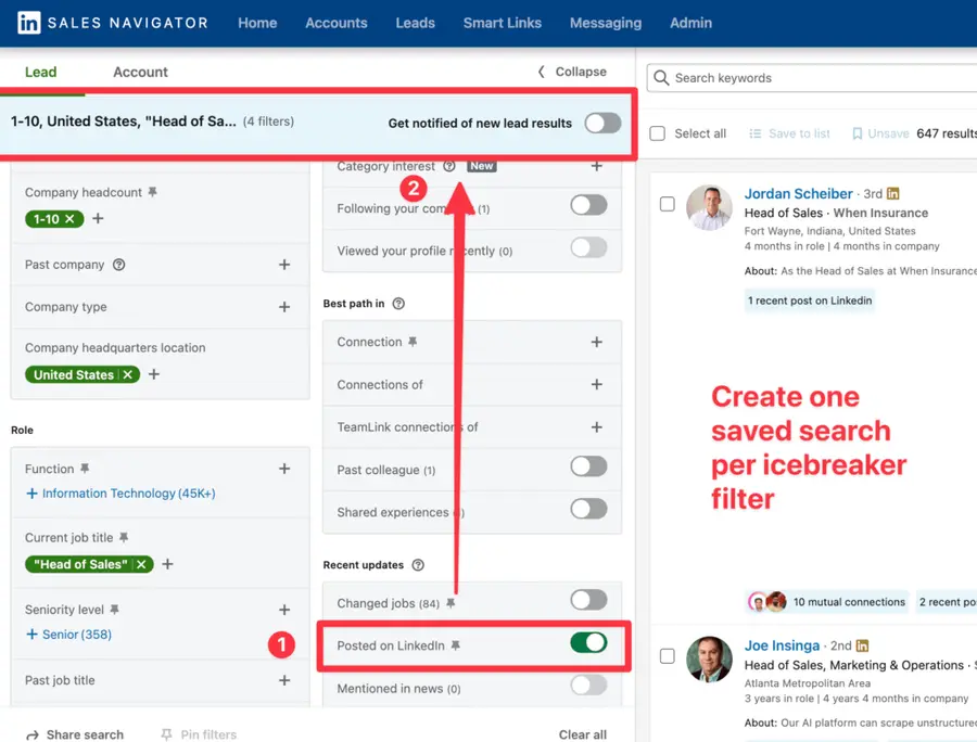 icebreakers filter sales navigator saved searches