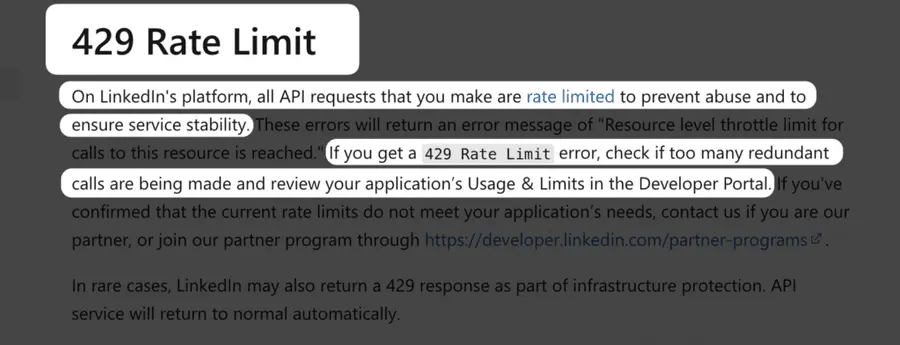 linkedin api rate limits 429 error code