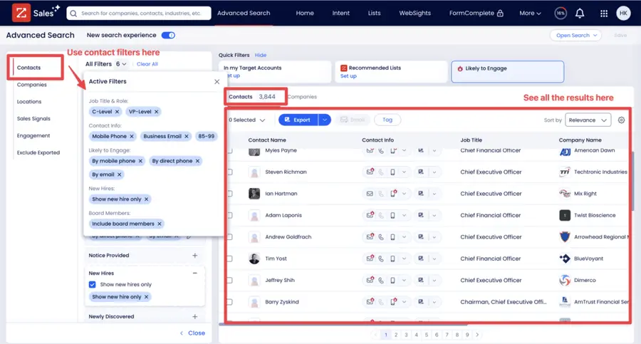 zoominfo contact filter list