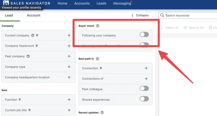 following your company filter sales navigator