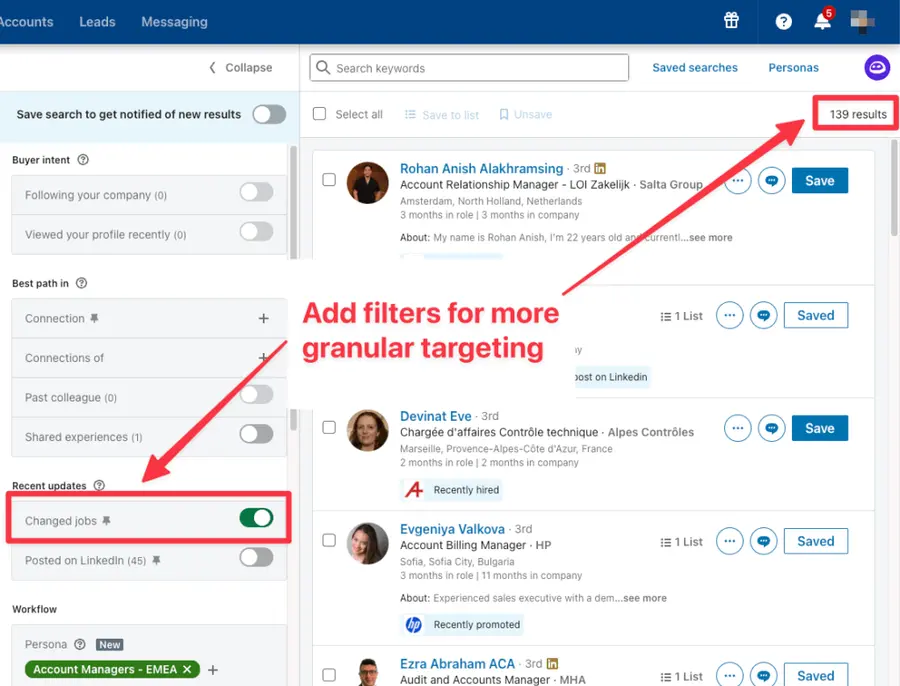 add filters to persona in lead search