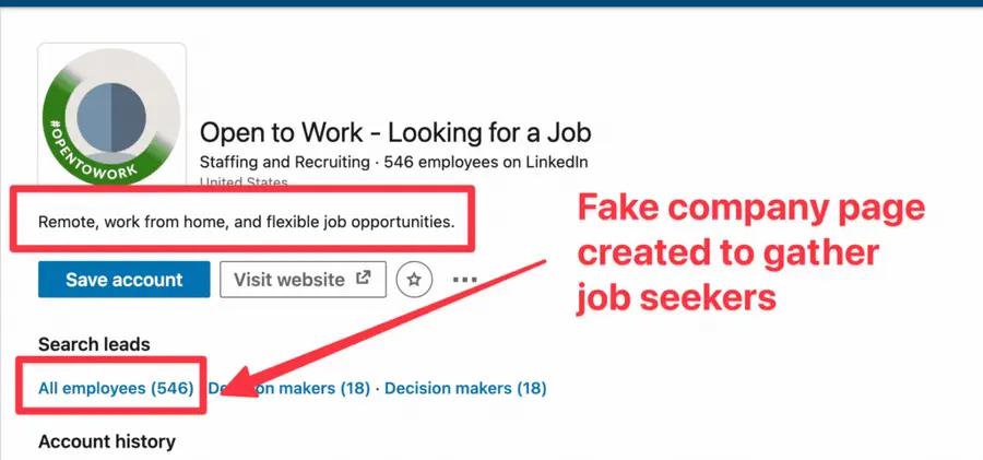 open to work fake page to gather job seekers