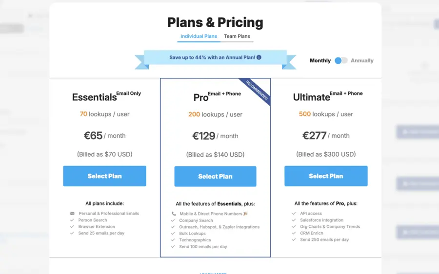 RocketReach individual montly pricing