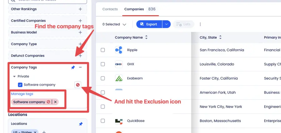 exclusion filter tag zoominfo