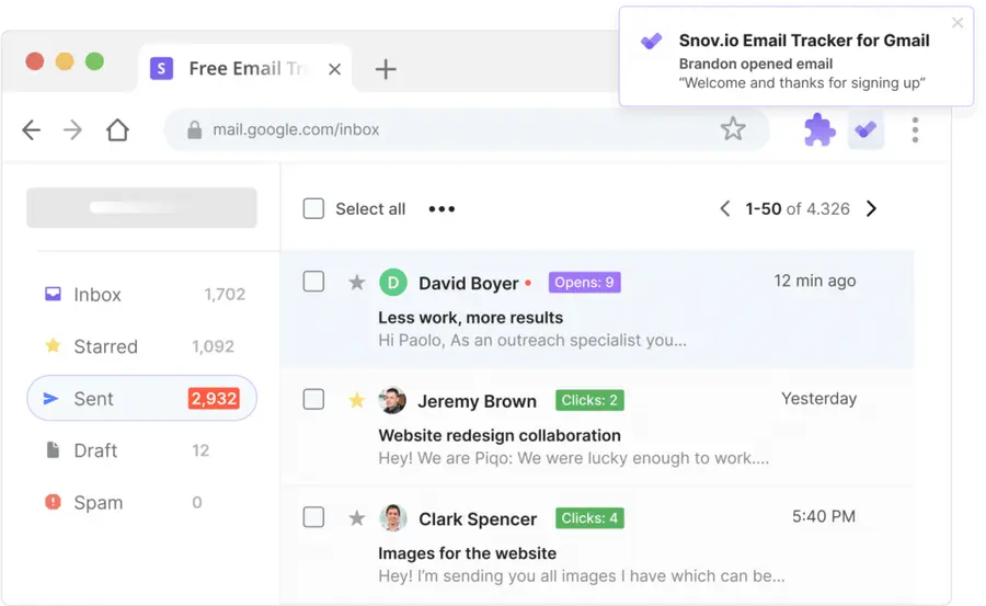 snovio email tracker extension for gamil