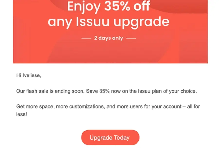 Issuu promotional email offering 35% off any upgrade for two days with a call to action to 'Upgrade Today.