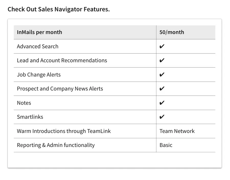 linkedin sales navigator features in comparison to team and enterprise