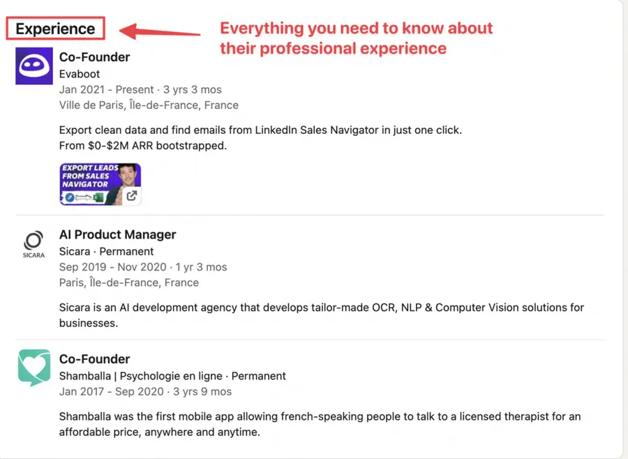 find information about job responsibilities, past work experience, skills, recommendations, interests, group memberships on linkedinprofile
