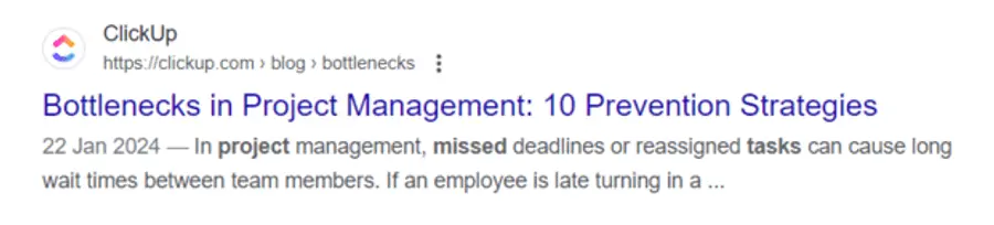 Google search result for ClickUp blog article titled 'Bottlenecks in Project Management: 10 Prevention Strategies