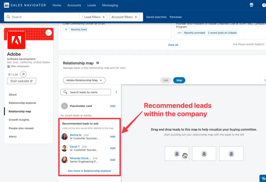 sales navigator lead recommendations in account page