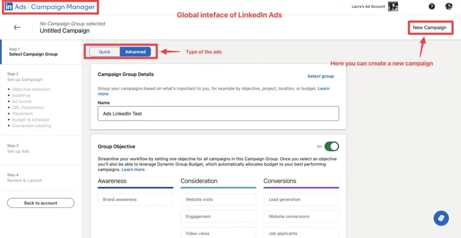 create a new linkedin ads campaign
