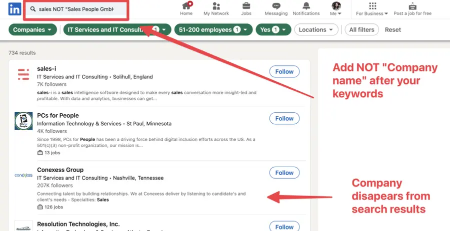 exclude company linkedin search